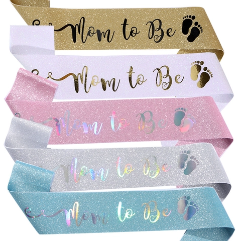 Fascia Mom To Be per Baby Shower Tessuto Glitterato Stampa Oro Cintura per Futura Mamma Design con Impronte Accessori Festa