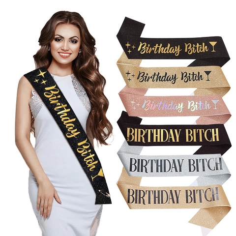Banda Birthday Bitch de Tela de Purpurina para Mujer Decoraciones de Fiesta de Cumpleaños Letras Estampadas en Caliente Estrellas Copa de Vino