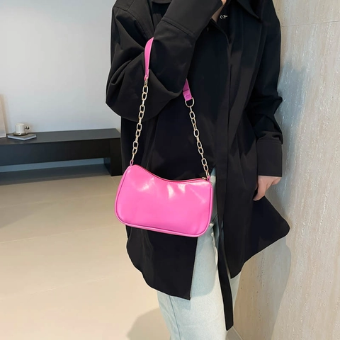Women Minimalist PU Leather Underarm Bag Fashion Metal Chain Small Square Shoulder Bag Daily Commuting Ladies Purse