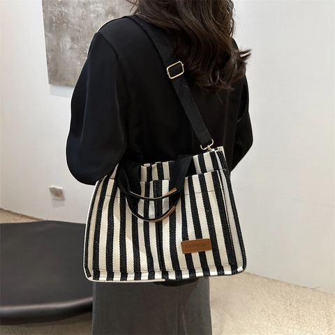 Bolso Tote de Lona a Rayas de Gran Capacidad para Mujer Bolso de Hombro Casual Con Correa Ajustable Bolso de Moda