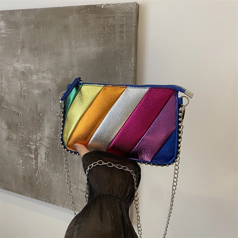 Borsa a Tracolla in Pelle PU a Strisce Arcobaleno Donna Metallico Giunzione Catena Cinturino Borchia Piccola Borsa Quadrata Moda
