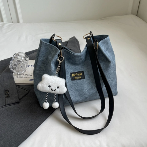Bolso Tote de Gran Capacidad para Mujer a la Moda Cuero PU de Primera Calidad Color Sólido Bolso de Hombro Con Lindo Colgante de Nube para el Trabajo Diario