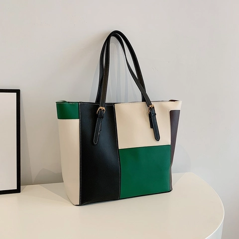 Bolso Tote de Cuero PU para Mujer Gran Capacidad Bloque de Color Costuras en Contraste Bolso de Hombro para Oficina Diario