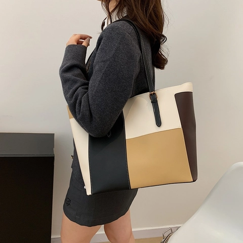Bolso Tote de Cuero PU para Mujer Gran Capacidad Bloque de Color Costuras en Contraste Bolso de Hombro para Oficina Diario