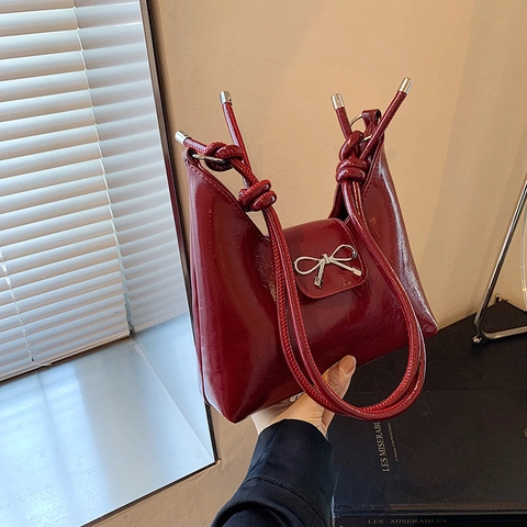Bolso de Hombro de Cuero PU con Lazo para Mujer Bolso de Axila Brillante Estilo Coreano Bolso Bandolera de Color Sólido