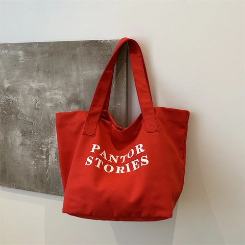 Bolso Tote de Lona de Gran Capacidad para Mujer Estampado de Letras PANTOR STORIES Bolso de Hombro Casual Color de Contraste