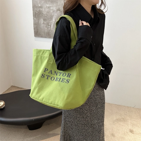 Bolso Tote de Lona de Gran Capacidad para Mujer Estampado de Letras PANTOR STORIES Bolso de Hombro Casual Color de Contraste