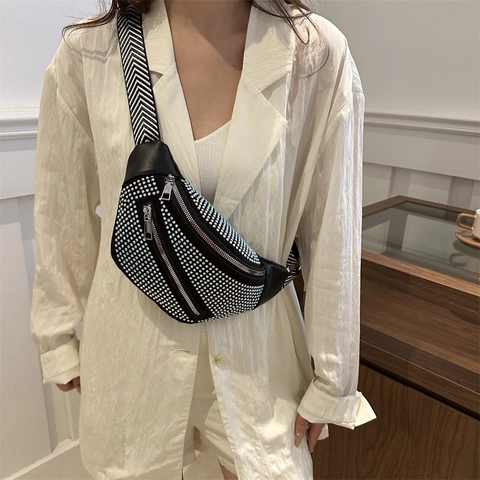 Mode Glänzende Strass Gürteltasche Für Damen PU Leder Brusttasche Mit Breitem Fischgrätenmuster Gurt Trendy Umhängetasche