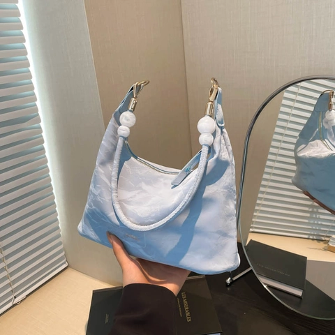 Borsa a Tracolla Hobo Plissettata in PU da Donna Con Decorazione di Perle Moda Minimalista Urbana Pendolare Borsa Tote Sottobraccio