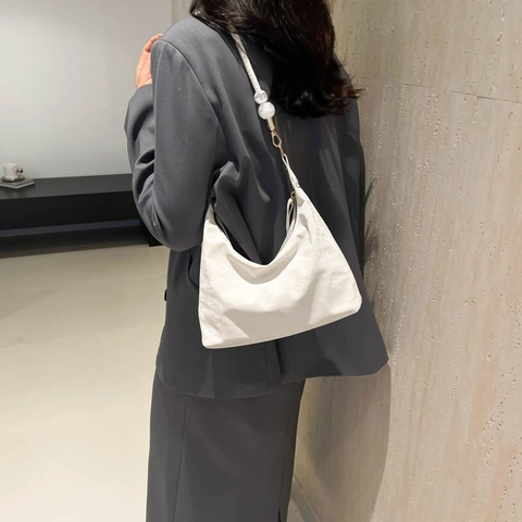 Borsa a Tracolla Hobo Plissettata in PU da Donna Con Decorazione di Perle Moda Minimalista Urbana Pendolare Borsa Tote Sottobraccio