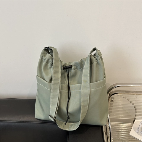 Oxford Cloth Drawstring Tote Bag For Women Large Capacity Casual Shoulder Bag For Commuting School Daily Solid Color Handbag