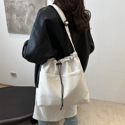 Oxford Cloth Drawstring Tote Bag For Women Large Capacity Casual Shoulder Bag For Commuting School Daily Solid Color Handbag