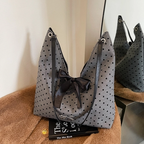 Borsa Tote da Donna in Stile Coreano con Stampa a Cuori e Pois Grande Capacità Con Grande Fiocco e Pendente in Argento Borsa a Spalla in Nylon