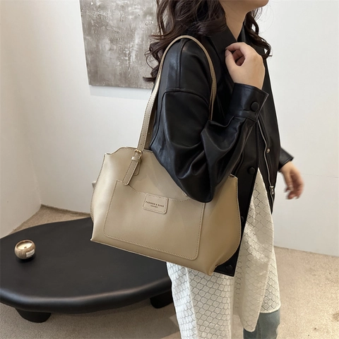 Bolso Tote de Cuero PU de Gran Capacidad Vintage para Mujer Moda Minimalismo Color de Contraste Bolso de Hombro Oficina