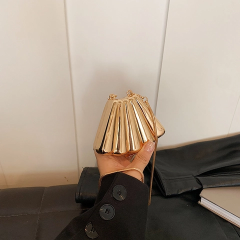 Metallische Muschelform Abendtasche Für Damen Mini Plissierte Umhängetasche Mit Kette Schultergurt Schicke Bankett Hochzeit PU Handtasche
