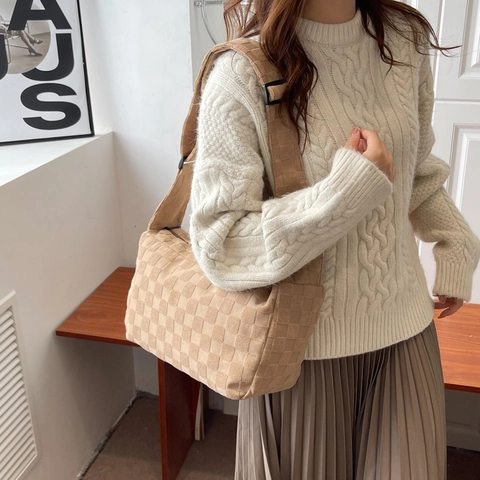 Damen Schachbrettmuster Gewebte Umhängetasche Lässige Flanell Hobo Tasche Große Kapazität Achselhöhle Tote Bag Mit Gurt