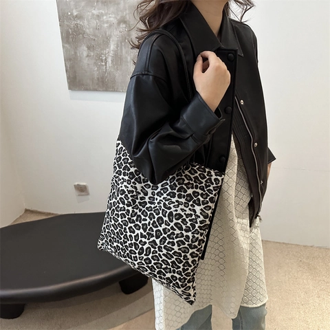Damen Große Kapazität Leopardenmuster Segeltuch Tote Bag Lässig Stil Umhängetasche Für Alltag Arbeit Reisen Mode Handtasche