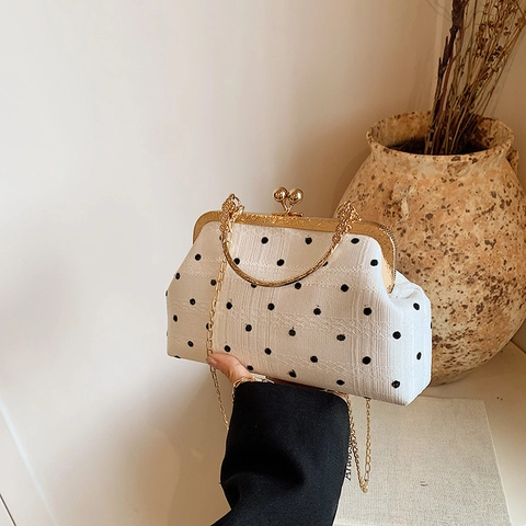 Vintage Nylon Polka Dot Plaid Shoulder Bag For Women Kiss Lock Handbag With Chain Strap Lace Decor Retro Shell Crossbody Bag