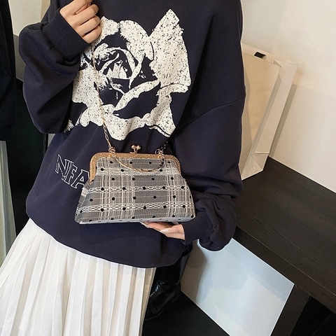 Vintage Nylon Polka Dot Plaid Shoulder Bag For Women Kiss Lock Handbag With Chain Strap Lace Decor Retro Shell Crossbody Bag