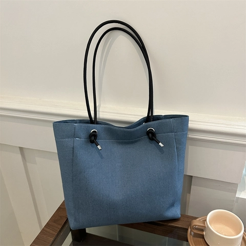 Urban Einfache Damen Denim Textur PU Tragetasche Pendler Schultertasche Mit Knoten Seil Doppelgurte Minimalistische Handtasche