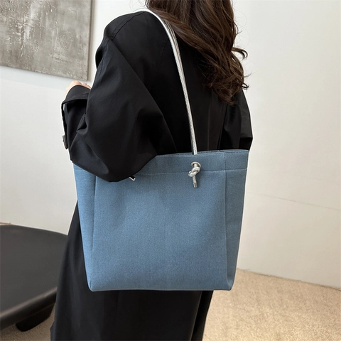 Urban Einfache Damen Denim Textur PU Tragetasche Pendler Schultertasche Mit Knoten Seil Doppelgurte Minimalistische Handtasche