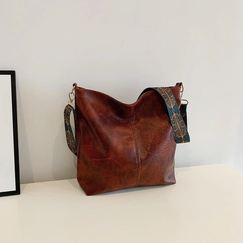 Borsa Tote da Donna in Pelle PU di Grande Capacità Vintage Con Tracolla Larga Ricamata Etnica Moda Casual Borsa Hobo da Pendolare