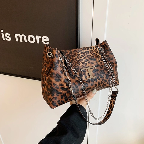 Borsa a Tracolla Leopardata da Donna in Nylon Grande Capacità Con Fibbia a T in Metallo e Catena Borsa a Mano Moda