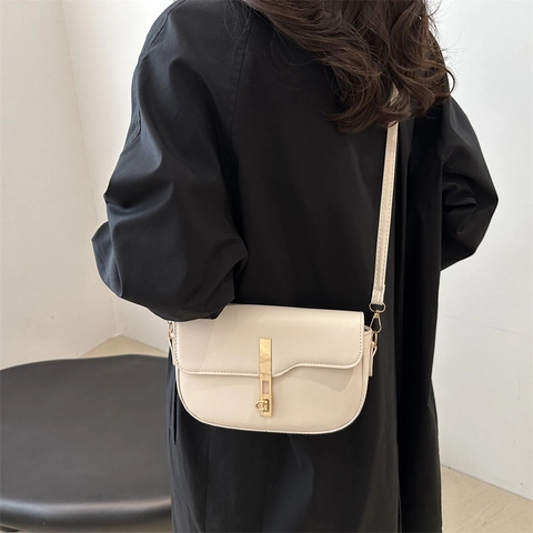 Bolso de Montura Vintage para Mujer Color Sólido Cuero PU Bolso Bandolera Simple Con Hebilla Metálica Bolso de Moda para Viaje Diario