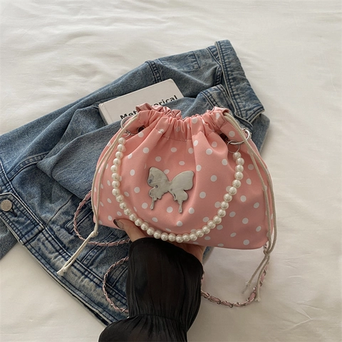 Fashion Polka Dot Nylon Bucket Bag With Pearl Handle Butterfly Metal Decor Drawstring Shoulder Bag For Women Daily Outing
