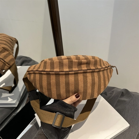 Women Vintage Striped Nylon Crossbody Bag Casual Corduroy Texture Chest Waist Pack Adjustable Strap Travel Shoulder Bag