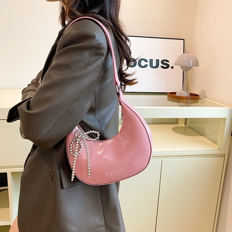 Women Fashion PU Leather Hobo Bag Solid Color Half Moon Shoulder Bag With Bead Chain Bow Charm Trendy Underarm Purse Daily Bag
