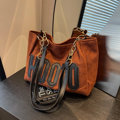 Women Fashion Frosted Canvas Letter Patch Tote Bag Large Capacity Minimalist Chain Shoulder Bag Urban Casual Travel Handbag