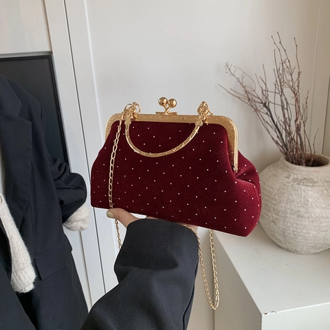 Borsa da Sera Vintage in Velluto Con Tracolla a Catena d'Oro Strass Pois Chiusura a Scatto Borsa a Conchiglia per Donna Festa