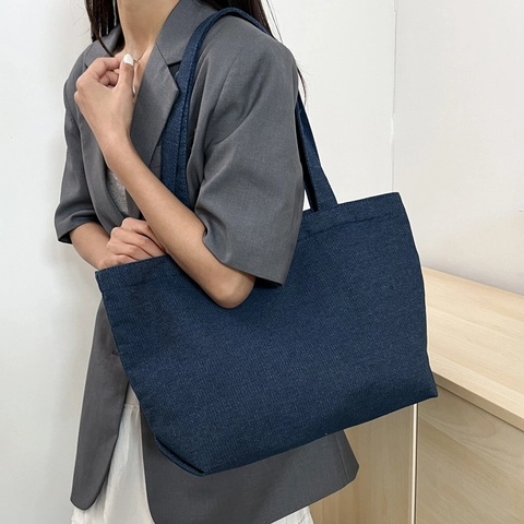 Women Large Capacity Canvas Tote Bag Casual Denim Texture Shoulder Bag Minimalist Urban Style Daily Commuter Handbag