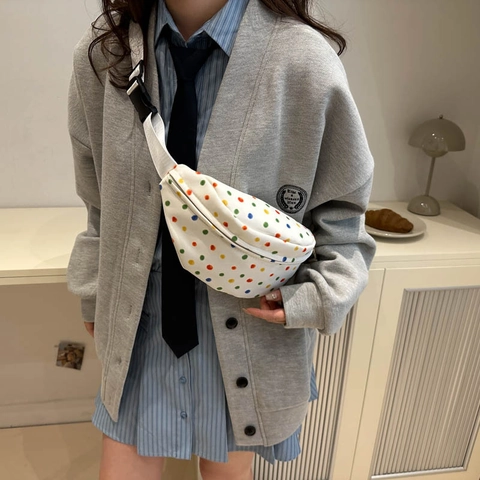 Trendy White Nylon Polka Dot Printed Chest Bag For Women Casual Small Half Moon Crossbody Shoulder Bag With Adjustable Strap