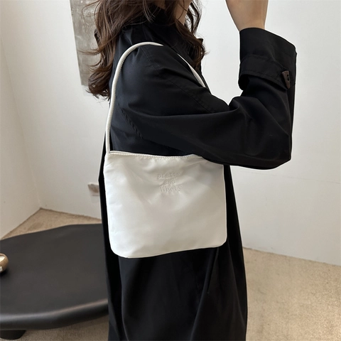 Women Nylon Hobo Shoulder Bag Minimalist Underarm Bucket Bag With Letter Embroidery Magnetic Snap Solid Color Daily Tote