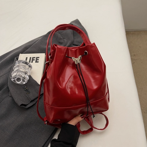 Women's PU Leather Bucket Backpack Urban Minimalist Fashion Large Capacity Drawstring Bag With Butterfly Buckle Daily Top