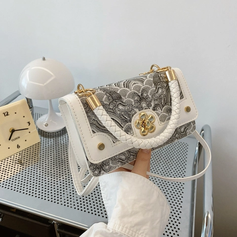 Women Retro Chinese Style Small Square Bag Embroidered PU Leather Crossbody Bag With Braided Handle Golden Flower Lock Handbag