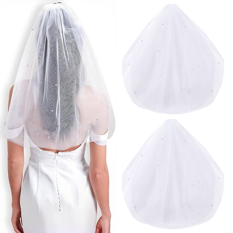 Velo da Sposa Bianco a Doppio Strato Con Strass Velo Corto in Tulle Con Pettine Per Addio al Nubilato Accessori Donna Matrimonio