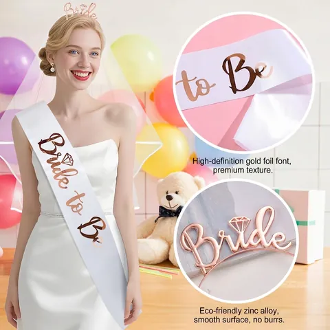 Accessoires de Décoration Enterrement de Vie de Jeune Fille Serre-Tête Mariée Or Rose Écharpe Bride To Be Blanche Écharpes Team Bride Roses Voile en Tulle