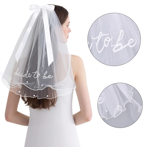 Velo de Novia Blanco Doble Capa Lazo de Satén Bordado Bride To Be Perlas Artificiales Tocado para Boda y Fiesta
