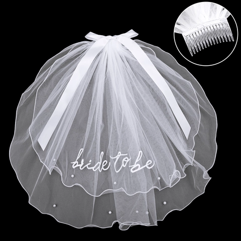 Velo de Novia Blanco Doble Capa Lazo de Satén Bordado Bride To Be Perlas Artificiales Tocado para Boda y Fiesta