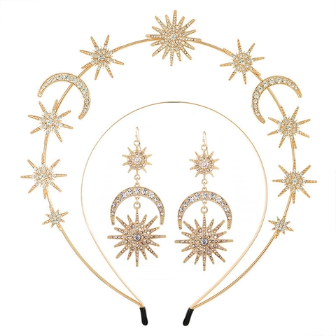 Baroque Double Layer Star Moon Sun Rhinestone Headband Earrings Set Alloy Celestial Wedding Party Hair Jewelry For Women