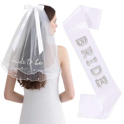 Voile Et Écharpe De Mariée Blancs Avec Broderie De Perles Artificielles Et Nœud En Satin Pour Accessoires De Mariage Enterrement Vie Jeune Fille