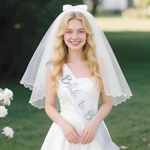 Voile Et Écharpe De Mariée Blancs Avec Broderie De Perles Artificielles Et Nœud En Satin Pour Accessoires De Mariage Enterrement Vie Jeune Fille