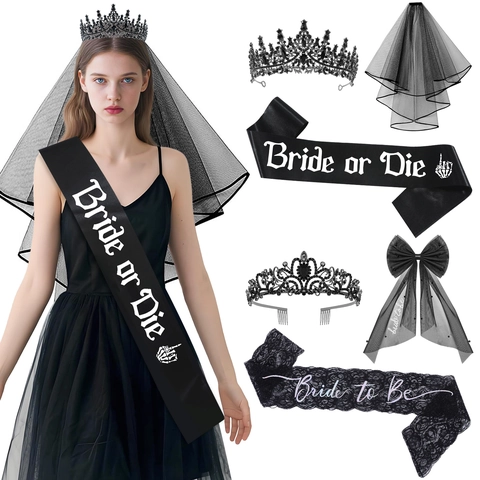 Gothic Halloween Ghost Bride Black Wedding Crown Mesh Veil Sash Skeleton Hand Bride Or Die Bachelorette Party Decorations
