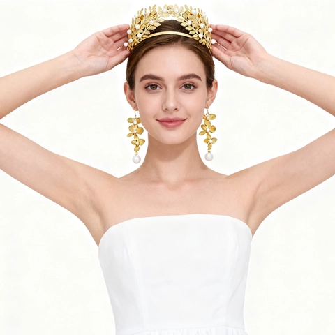 Lujo Barroco Oro Hoja Perla Artificial Diadema Pendientes Brazalete Collar Diosa Griega Floral Joyería Nupcial Para Boda Fiesta Mujer