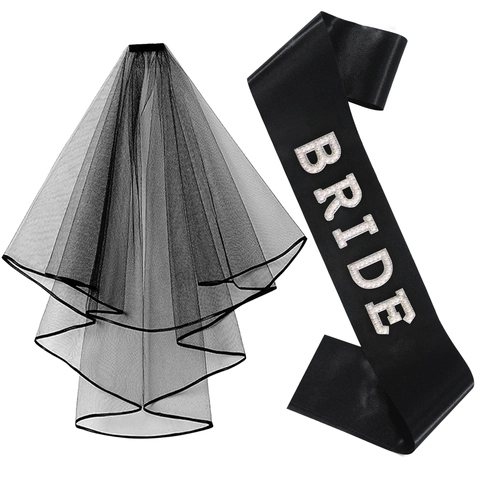 Écharpe et Voile de Mariée Gothique Halloween en Satin Noir Blanc avec Lettres en Strass et Perles Accessoire d'Enterrement de Vie de Jeune Fille