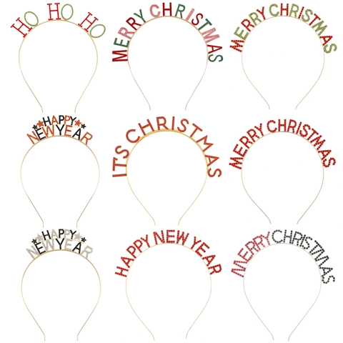 Weihnachten Neujahr Strass Buchstaben Stirnband Merry Christmas Happy New Year Legierung Haarreif Festliche Party Haarschmuck Für Damen