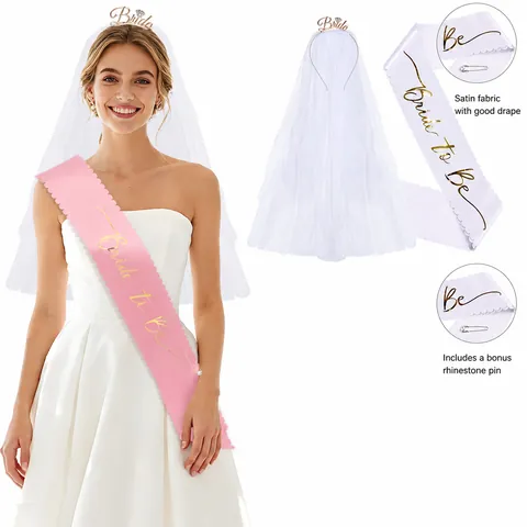 Bride To Be Satin Sash With Veil Headband Set Foil Print Bachelorette Bridal Shower Wedding Party Accessories For Women